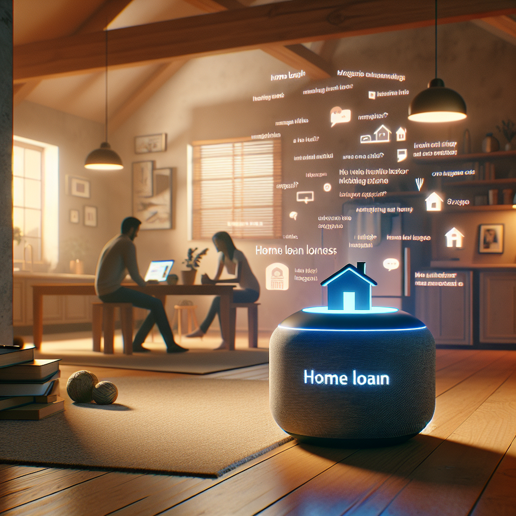 A smart speaker displays a mortgage website while a user speaks a home loan question aloud, symbolizing modern mortgage radio strategies.