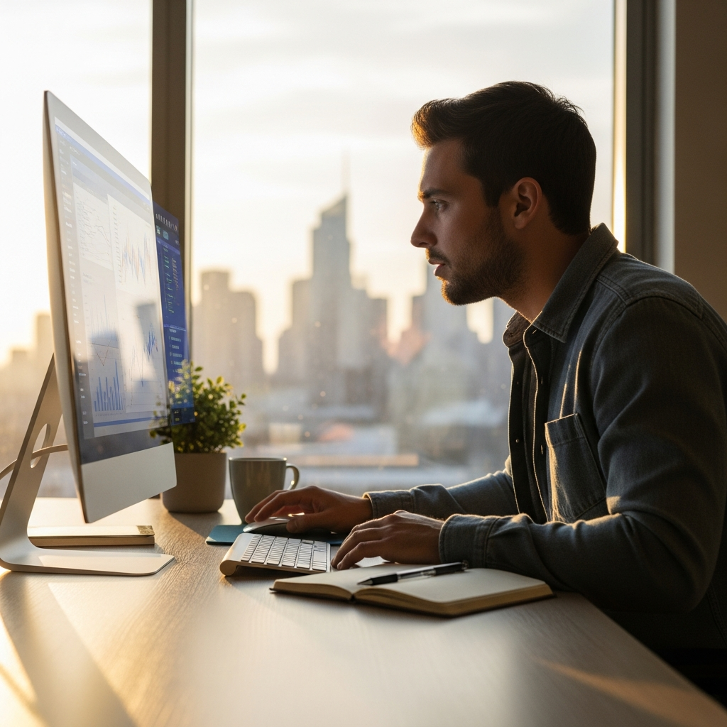 A person analyzing keyword metrics on a laptop with charts highlighting how to find high search low competition keywords for better ranking opportunities.