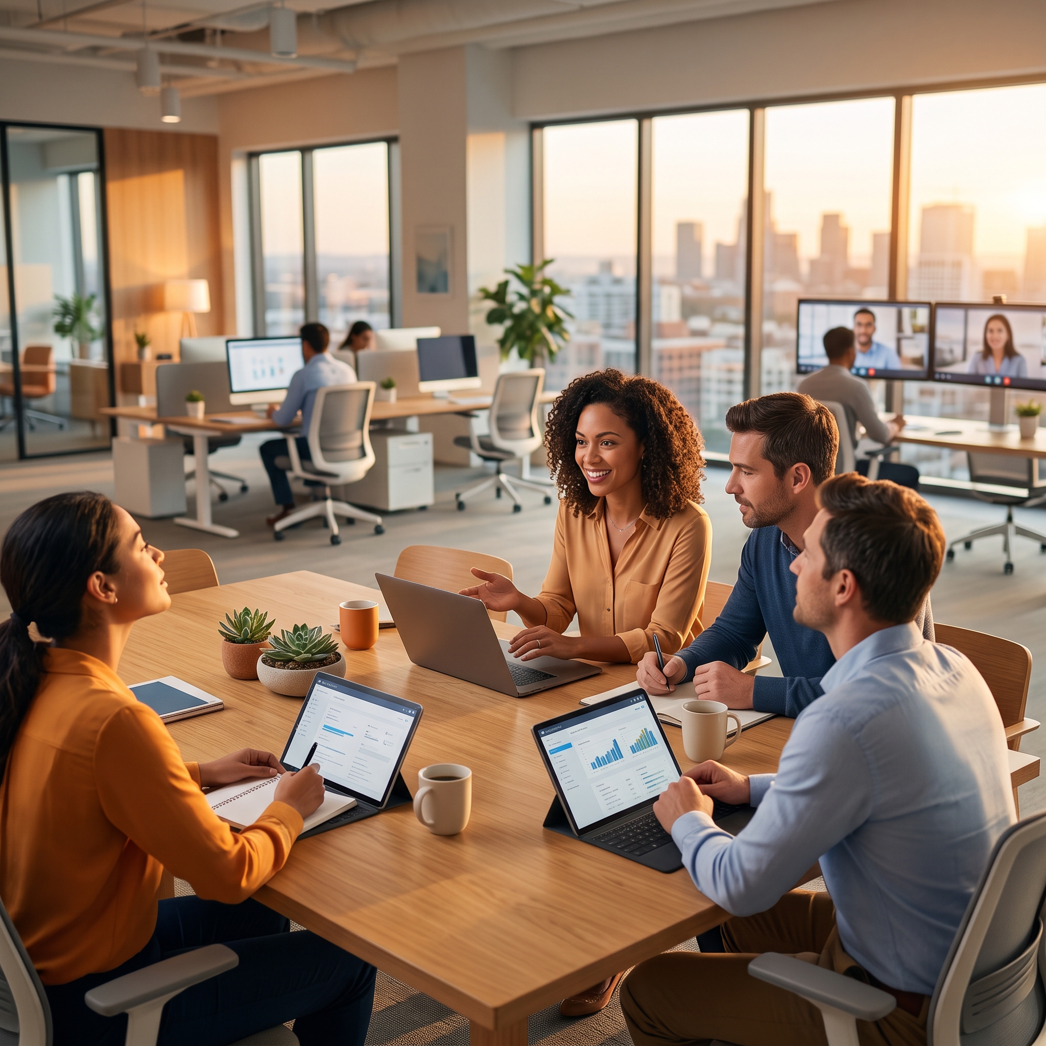 Remote team reviews hiring metrics dashboard, showing write an article workflow for remote work trends and flexibility